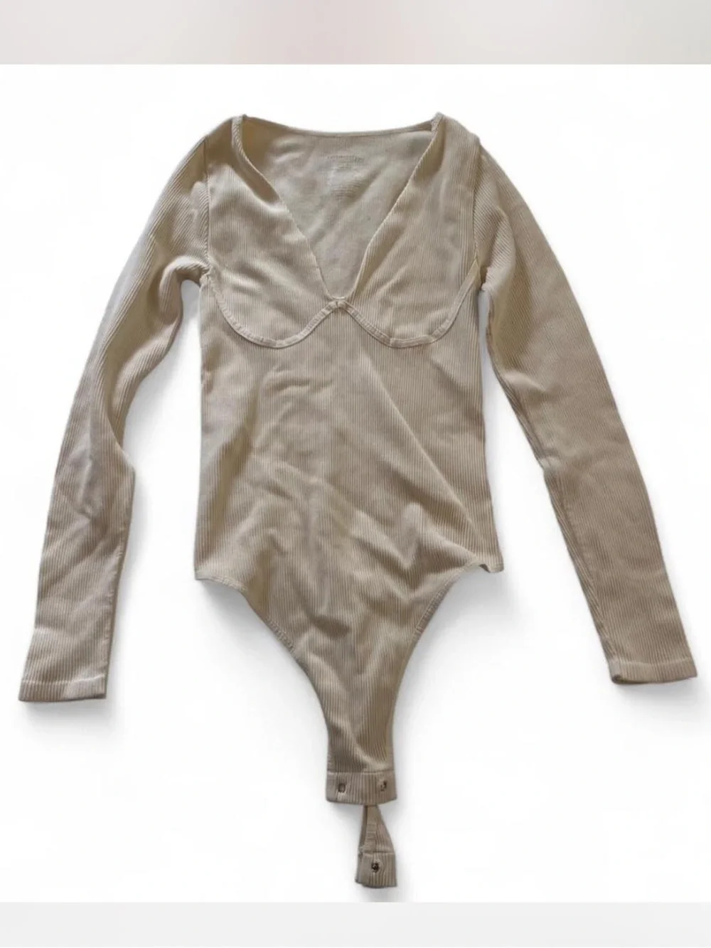 Cream Ribbed Long Sleeve Deep V Bodysuit
